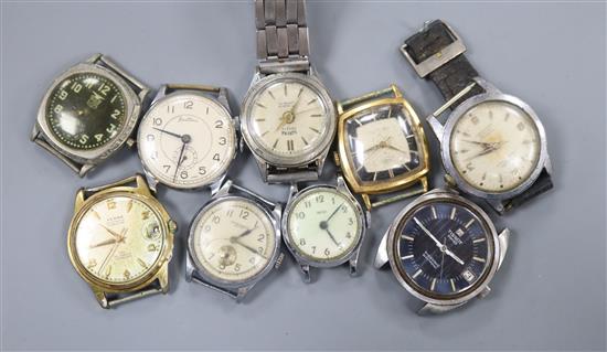 Nine assorted gentlemans wrist watches including Ingersoll and Bentima.